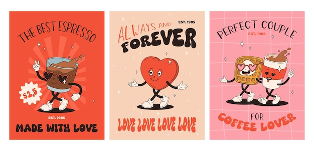 Valentines Day set of vintage posters Happy and cheerful retro mascots Old animation 50s 60s 70s groovy cartoon characters of coffee sweets and hearts donut cupcake espresso latte present