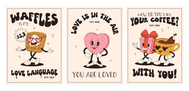 Vector valentines day set of vintage posters happy and cheerful retro mascots old animation 50s 60s 70s groovy cartoon characters of coffee sweets and hearts donut cupcake espresso latte present