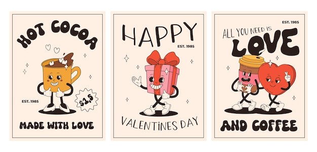 Vector valentines day set of vintage posters happy and cheerful retro mascots old animation 50s 60s 70s groovy cartoon characters of coffee sweets and hearts donut cupcake espresso latte present