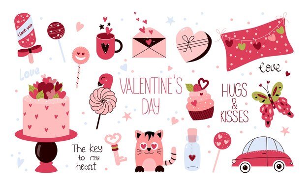 Vector valentines day set with cake marshmallow pillow sweets cat butterfly love elixir cartoon style