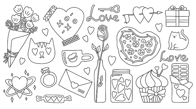 Vector valentines day set with gift other romantic element doodle vector white background line love concept