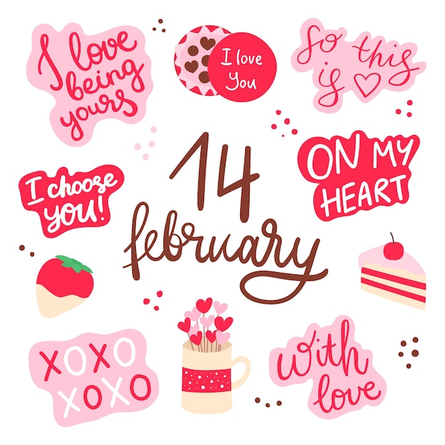 Set di san valentino con elementi d'amore sovrapposizioni di cuore modello di calligrafia per kit di adesivi