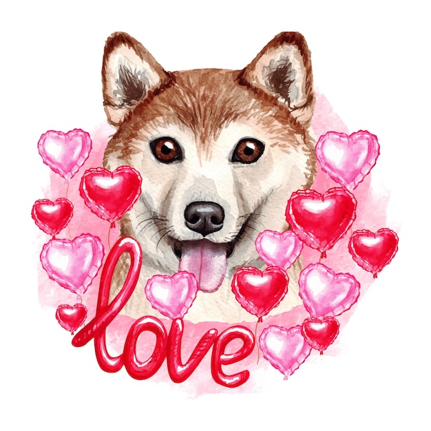Vector valentines day shiba inu dog with hearts and love. watercolor illustration.
