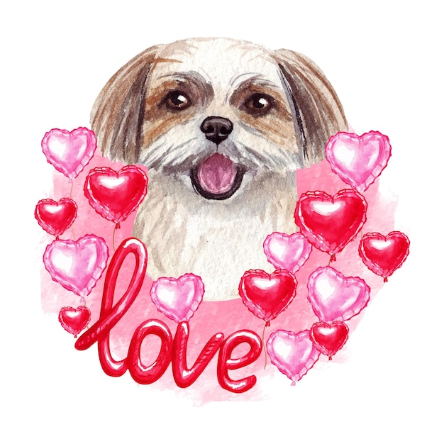 Vettore san valentino shih tzu cane con amore e cuori. illustrazione sveglia del cucciolo dell'amante del cane.