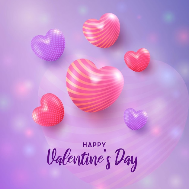 Шаблон поста в социальных сетях ко дню святого валентина с воздушными шарами любви на фиолетовом размытом фоне