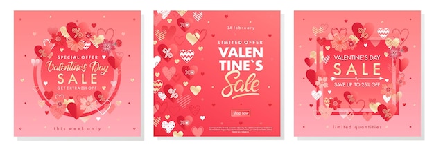 Valentines day special offer banners with different hearts and golden foil elements.