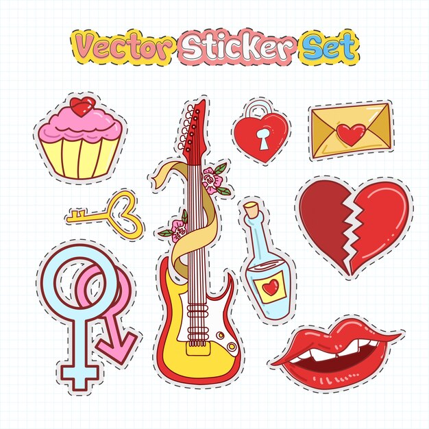 Vector valentines day sticker patches in doodle style. vector illustration