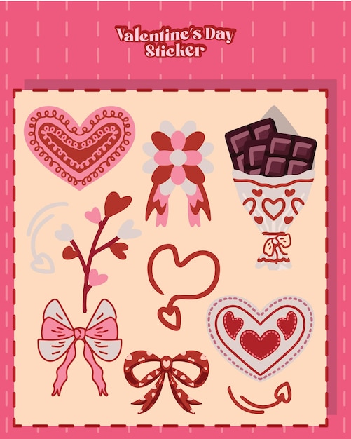 valentines day sticker set greetings card chocolate bucket ribbon heart