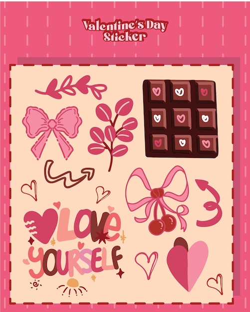 valentines day sticker set greetings card chocolates bar love yourself ribbon