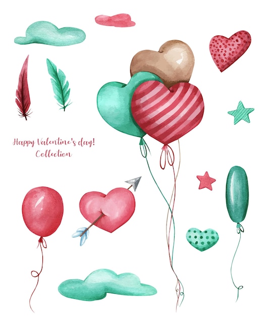 Valentines day sticker set with balloons hearts and clouds