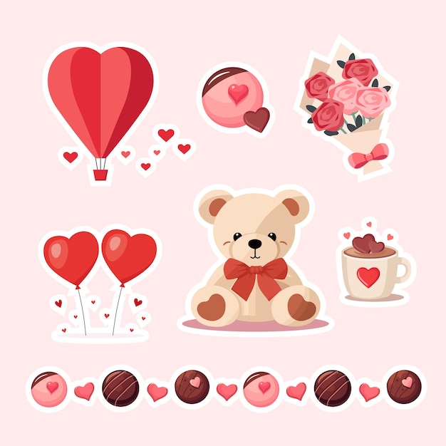 Valentines day sticker set with teddy bear rose bouquet chocolate balloon