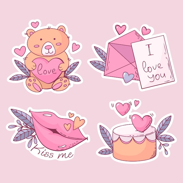 Valentines day stickers cake envelope teddy bear and lips