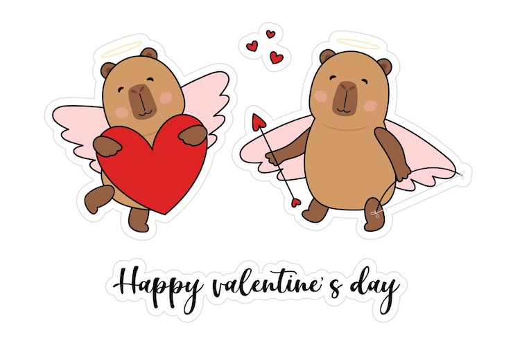 Vector valentines day stickers with cute capybara love romantic set