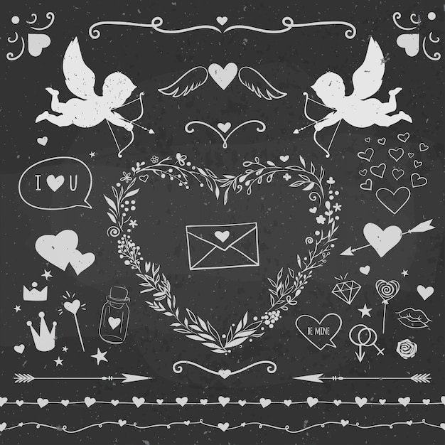 Valentines Day symbols on a chalkboard cupids hearts candies arrows and other cute stuff