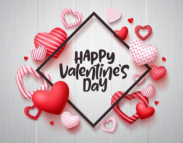 Valentines day vector banner happy valentines day greeting text with hearts elements and frame