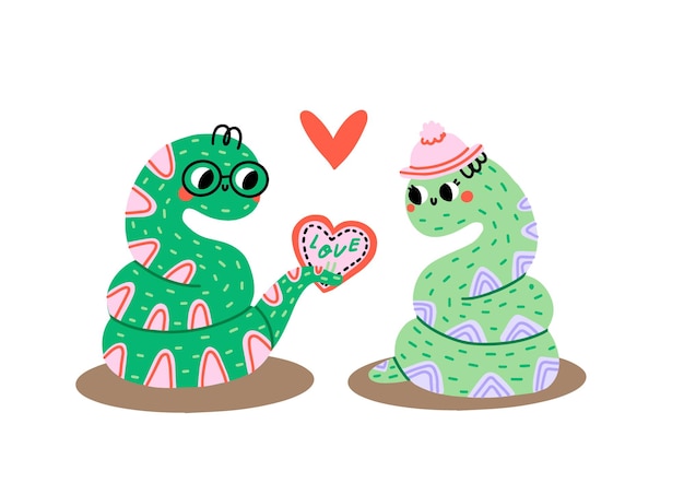 Vector valentines day vector illustration. cute couple snakes on white background with heart