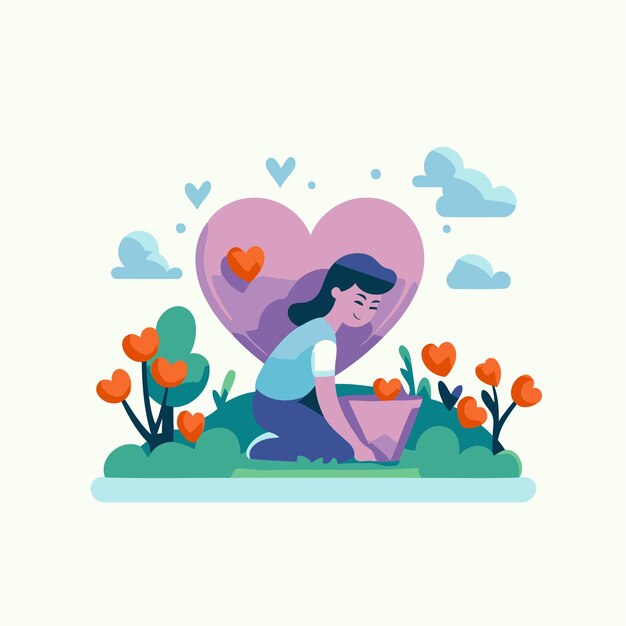 Vector valentines day vector illustration flat design style woman planting flowers