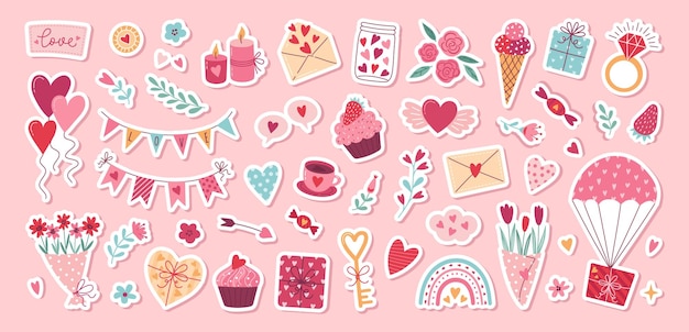 Valentines day vector stickers set Gift heart balloon envelope dessert floral bouquets candy