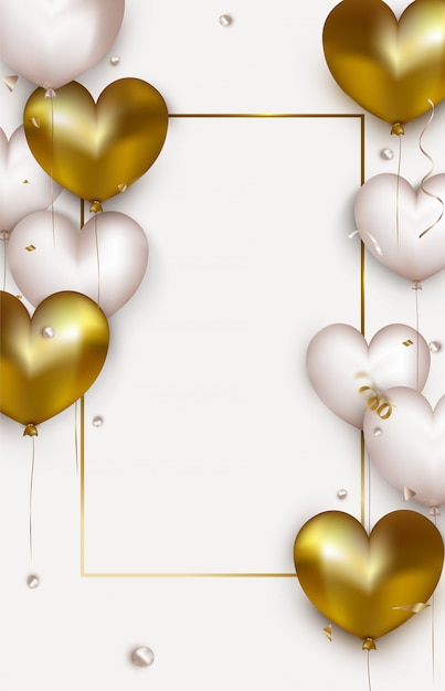 Valentines Day vertical banner.Greeting card with white and gold 3d balloons  .Template for social networks,invitations, promotions. .