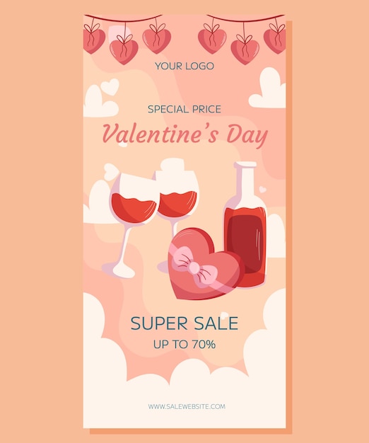 Vector valentines day vertical super sale banner template design bottle and two glass of wine