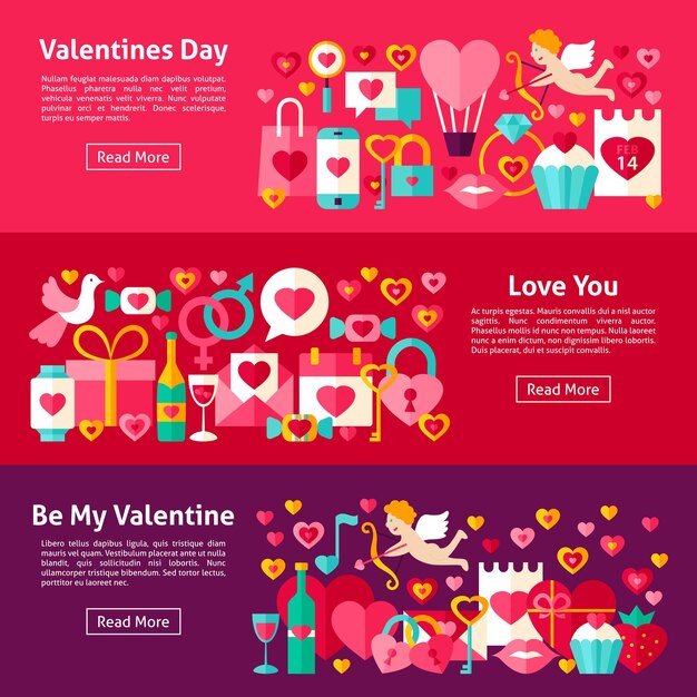 Banner orizzontali web di san valentino. illustrazione di vettore di stile piano per l'intestazione del sito web. oggetti d'amore.
