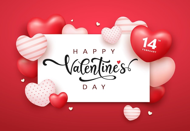 발렌타인 데이, 흰색 종이 공간, 빨간색과 분홍색, 빨간색 배경에 흰색 풍선 심장 포스터 디자인