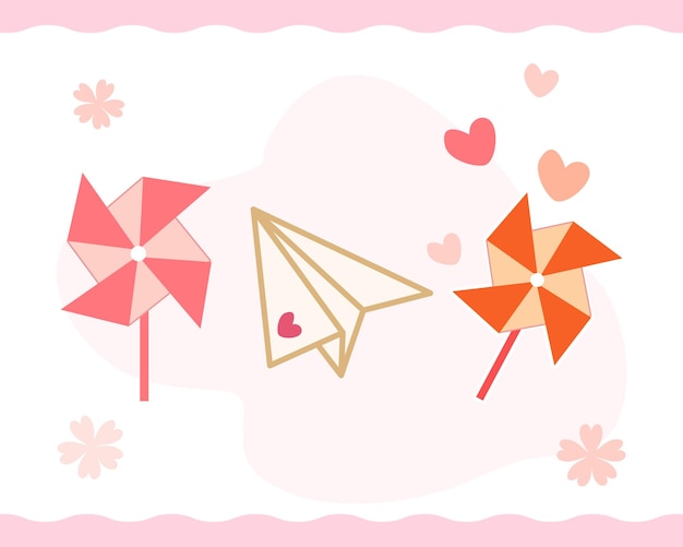 Вектор День святого валентина ветряная мельница и любовный бумажный самолетик, нарисованный вручную, набор иконок в стиле