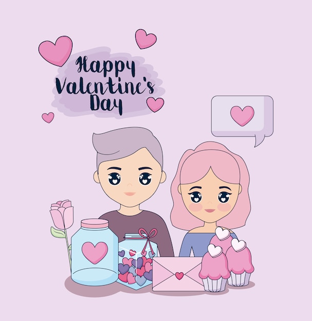 Valentines day with couple and set icons