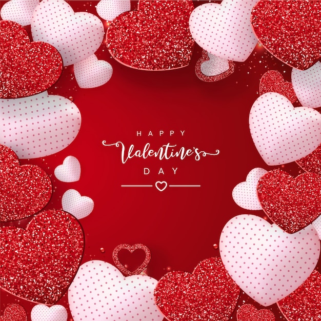 Vector valentines day   with glitter effect red hearts on red