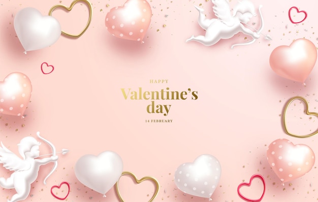 Valentines day with realistic love balloons and gold lettering