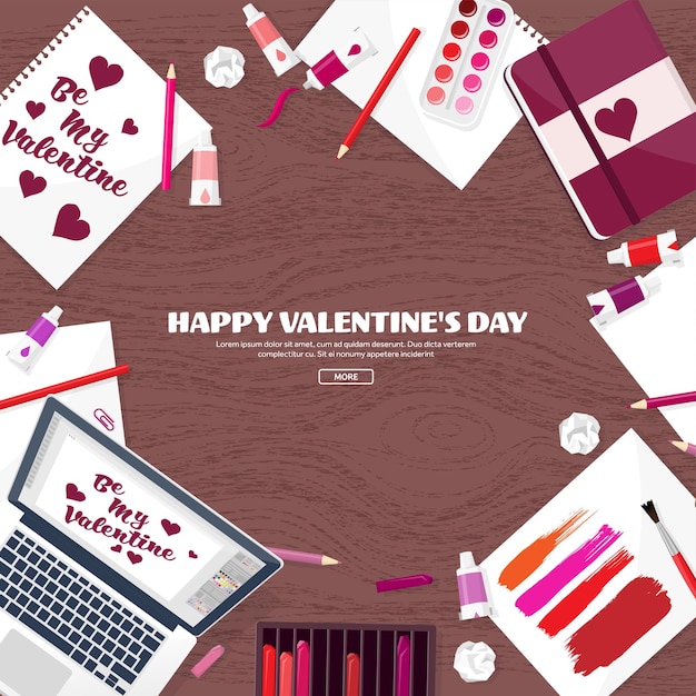 Luogo di lavoro per il giorno di san valentino con attrezzature di progettazione del tavolo disegno su carta carta di saluto d'amore fatta a mano