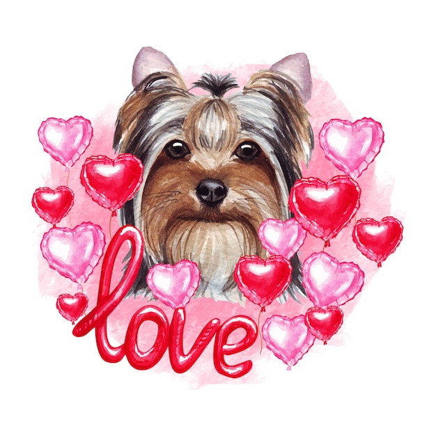 День святого Валентина собака йоркширского терьера с сердцами и любовью. Акварельная иллюстрация.
