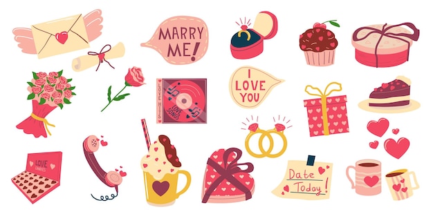 Valentines elements Cartoon objects for celebrating February holiday Greeting cards and presents for lovers Decorative bouquet of blooming roses or gold wedding rings vector set