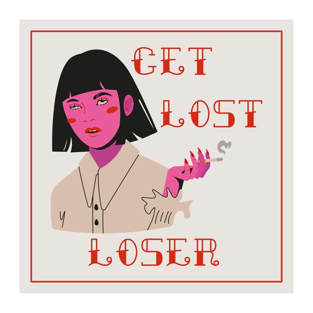 Vector valentines gift card anti love concept. feminist poster. girl, cigarette, a cheeky cynical phrase.