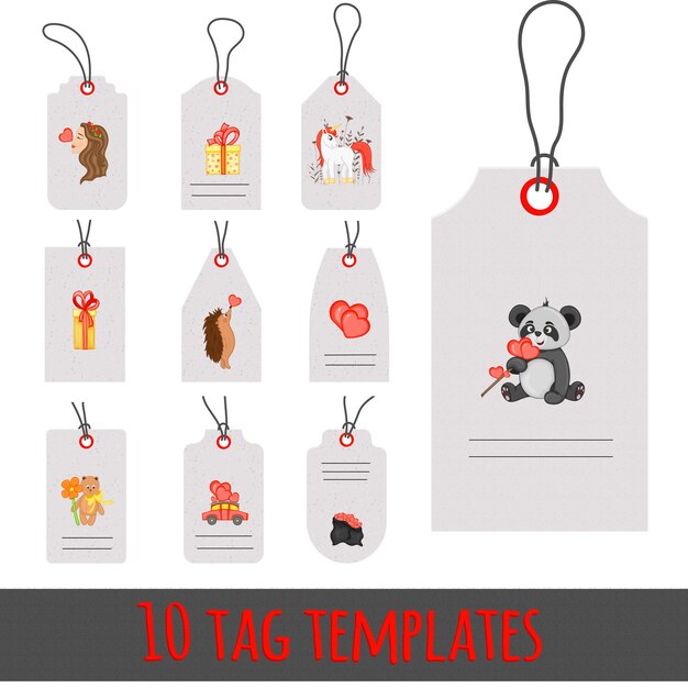 Valentines gift tags with animals. romantic valentine day tag labels vector set