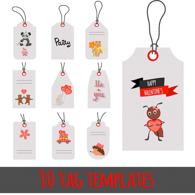 Vector valentines gift tags with animals. romantic valentine day tag labels vector set