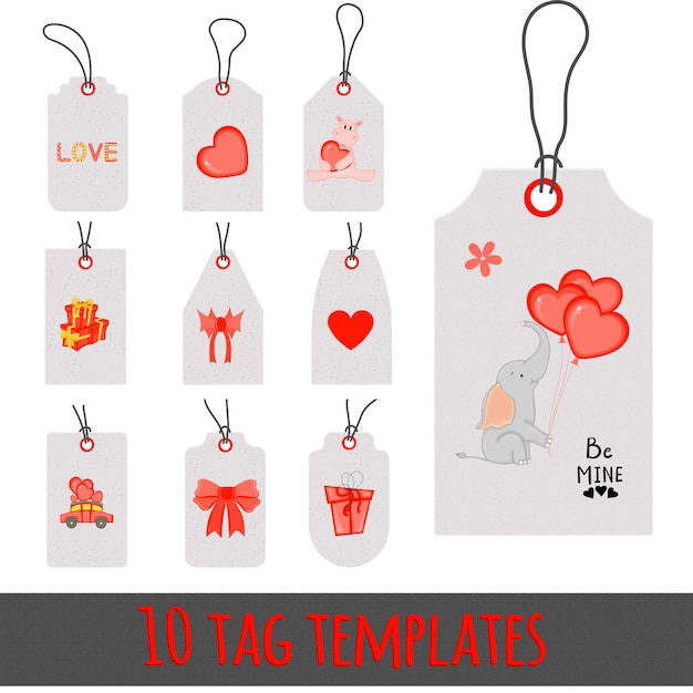 Valentines gift tags with animals. Romantic valentine day tag labels vector set