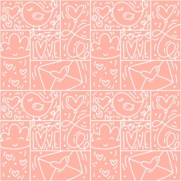 Vector valentines logo vector naadloze patroon love bird hart envelop lijn en abstract op roze achtergrond hand getrokken monoline constructor voor romantische wenskaart