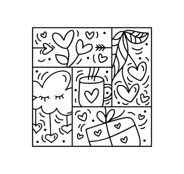 バレンタイン ロゴ ベクターのシームレスなパターン ギフト ボックス カップ ハートとクラウド 手描きのモノライン コンス トラクター