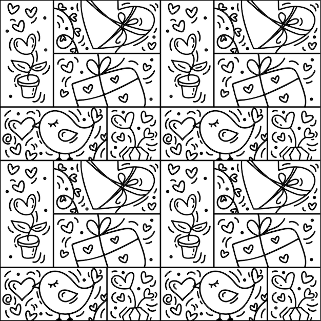 バレンタイン ロゴ ベクターのシームレスなパターン愛の鳥の心とギフト ボックス ライン ロマンチックなグリーティング カードの手描きモノライン コンス トラクター