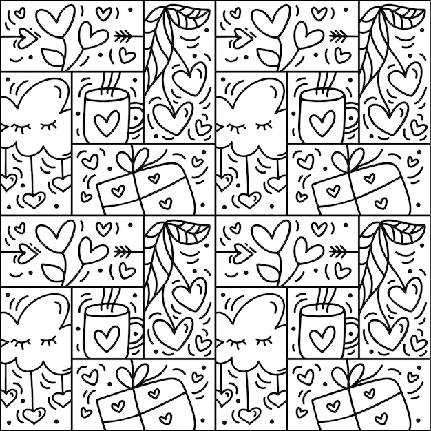 バレンタイン ロゴ ベクターのシームレスなパターン愛カップ クラウド ハートとギフト ボックス ライン ロマンチックなグリーティング カードの手描きモノライン コンス トラクター