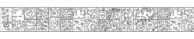 バレンタイン ロゴ ベクトル 和紙テープ シームレス パターン ボーダー愛ケーキ唇心雲とバッグ ロマンチックなグリーティング カードの手描きモノライン コンス トラクター