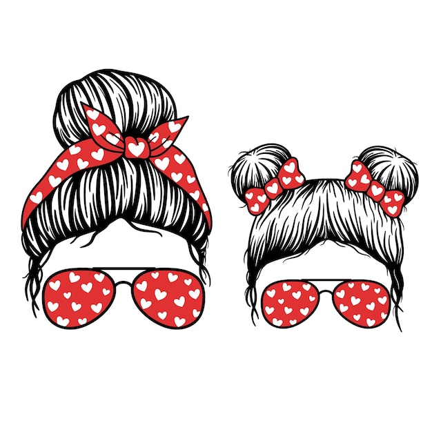 Vector valentines mom and kid woman face and girl face with aviator glasses bandana and heart print