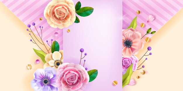 Valentines, Mothers Day love  background, greeting card, floral poster with anemone flower, roses, branches.