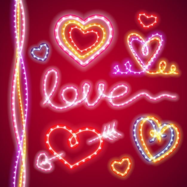 Vector valentines neon hearts