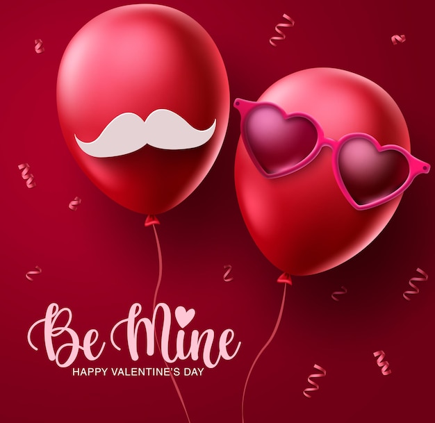 Valentines paar ballonnen vector conceptontwerp happy valentines be mine tekst