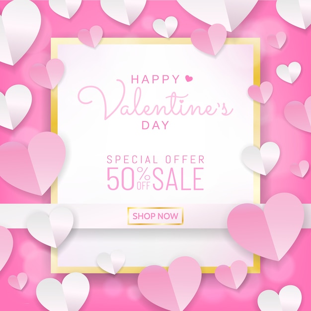 Vector valentines sale background calligraphy on white gold frame, paper cut style