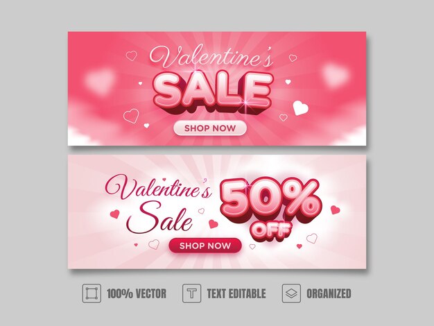 Vettore valentines sale banner design con effetto di testo e sfondo a sfumatura rosa