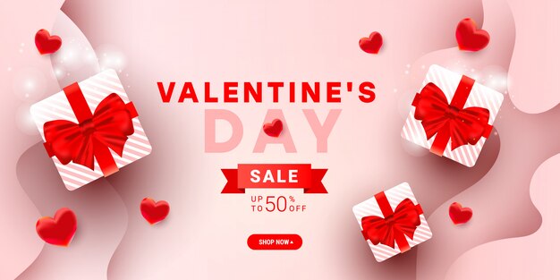 Valentines sale  banner template with surprise gift boxes, 3d heart balloon elements decor and ribbon on gradient