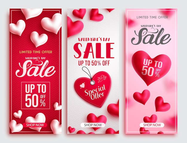 Valentines sale vector poster set. valentine's day sale text with hearts and price tag.